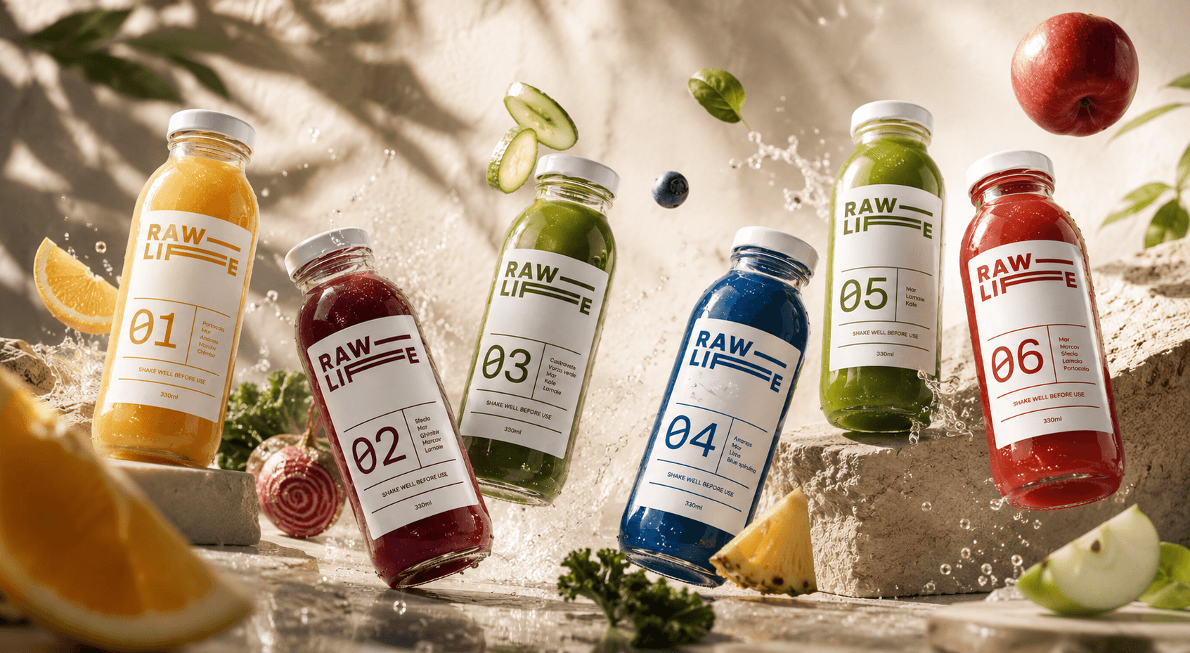RAWLIFE cold-pressed juice lineup, juices 01 to 06