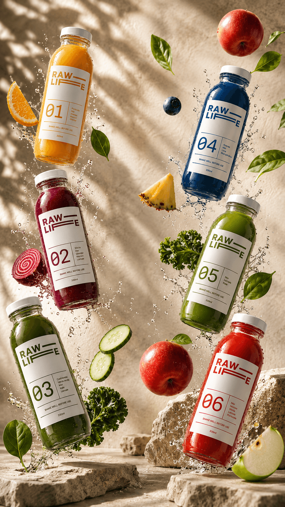 RAWLIFE cold-pressed juice lineup, juices 01 to 06